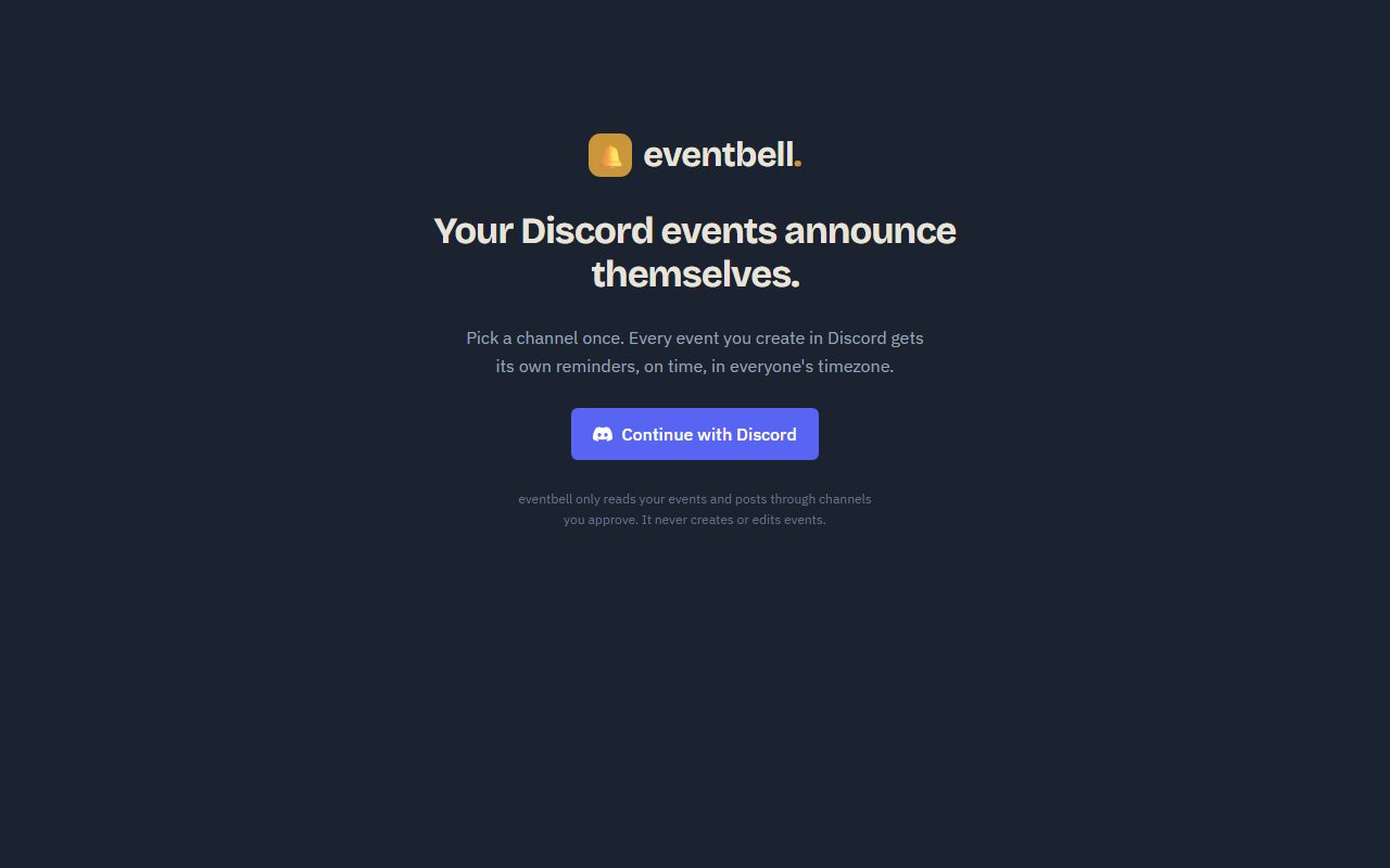 The EventBell homepage: "Your Discord events announce themselves."