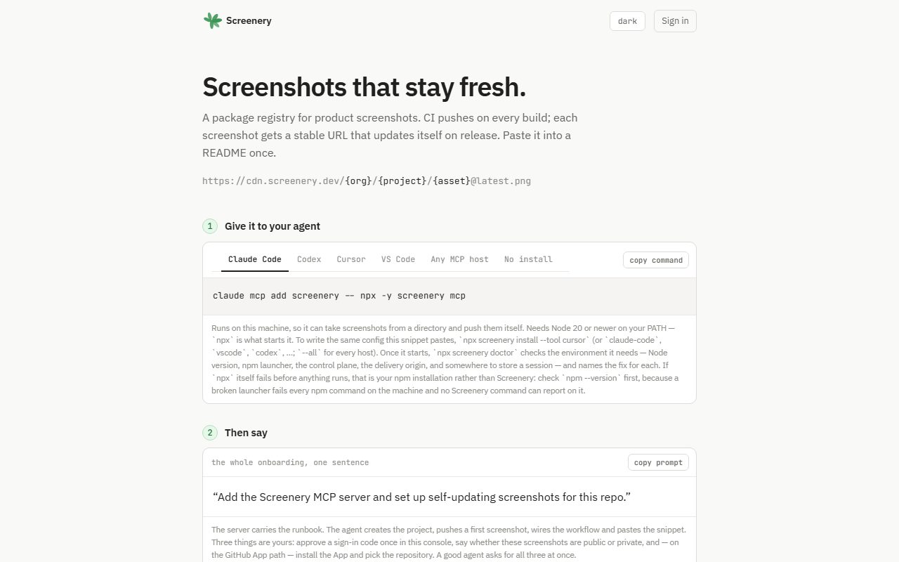 The Screenery homepage: "Screenshots that stay fresh."