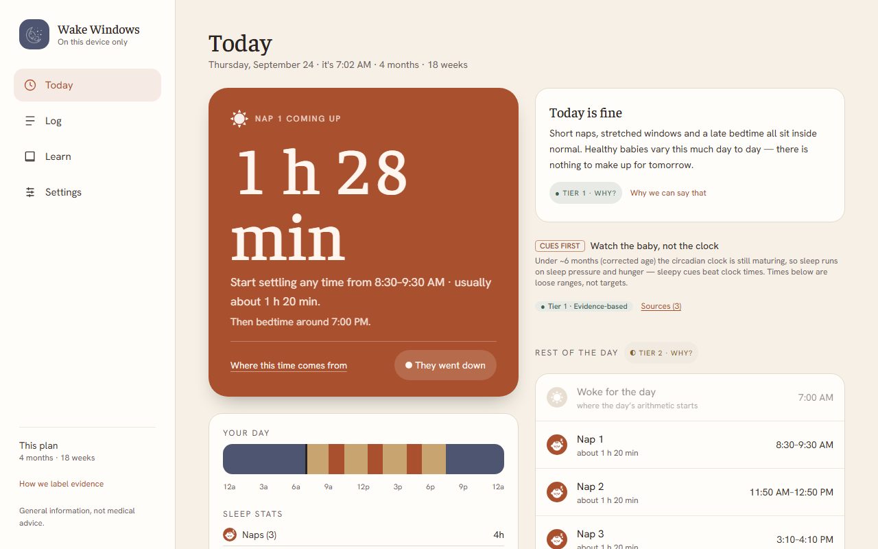 Wake Windows' today screen: a countdown to the next nap and the day's nap schedule.